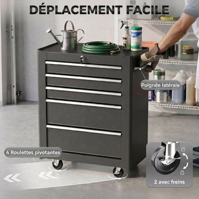 Chariot à outils sur roulettes, Servante d'atelier en acier 5 tiroirs verrouillable 2 clés, 61,5 x 33 x 82,5 cm, noir