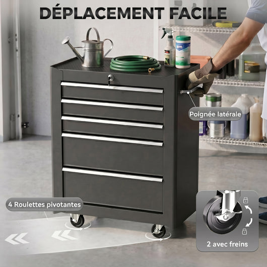 Chariot à outils sur roulettes, Servante d'atelier en acier 5 tiroirs verrouillable 2 clés, 61,5 x 33 x 82,5 cm, noir